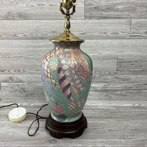 VTG Heyward House Teal Pastel Floral Table Lamp Brass Accents Style Wood Base